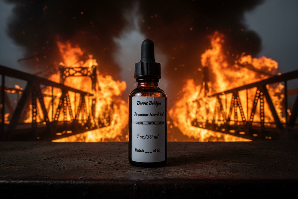 The Riot Act Burnt Bridges Beard Oil — Small Batch Cade Vetiver Men's Beard Oil