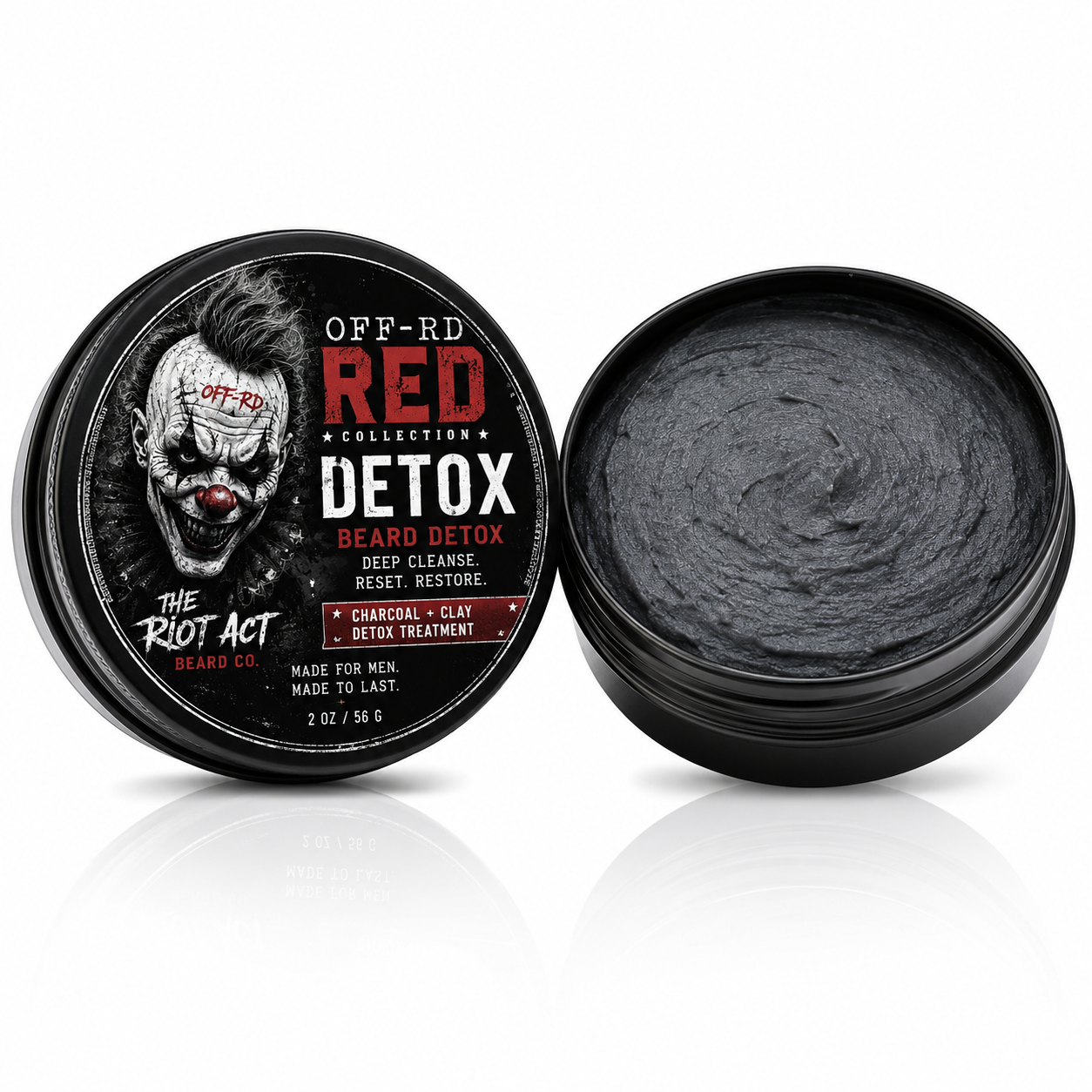 The Riot Act Off-Road Red Beard Detox deep cleansing beard treatment in a round container with a dark product inside.