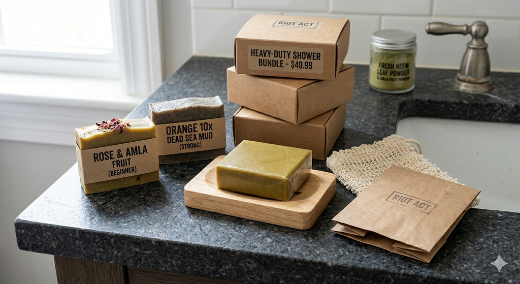 Sensitive Skin Soap Bundle: Rose & Amla Fruit Bar, Orange 10x Dead Sea Mud Brick, Clinical Muscle Overhaul & Restoration Bar plus Hardware
