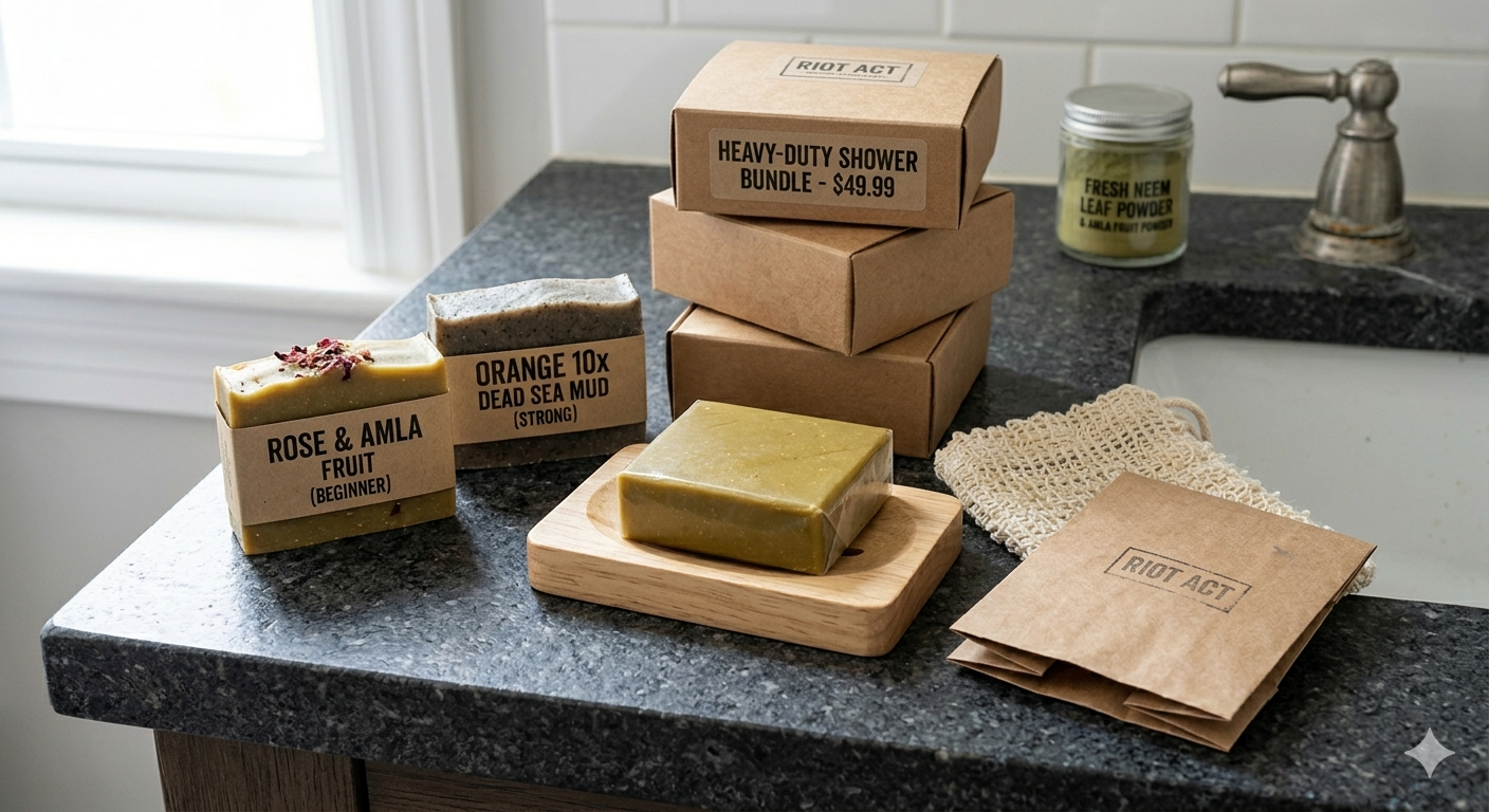Sensitive Skin Soap Bundle: Rose & Amla Fruit Bar, Orange 10x Dead Sea Mud Brick, Clinical Muscle Overhaul & Restoration Bar plus Hardware