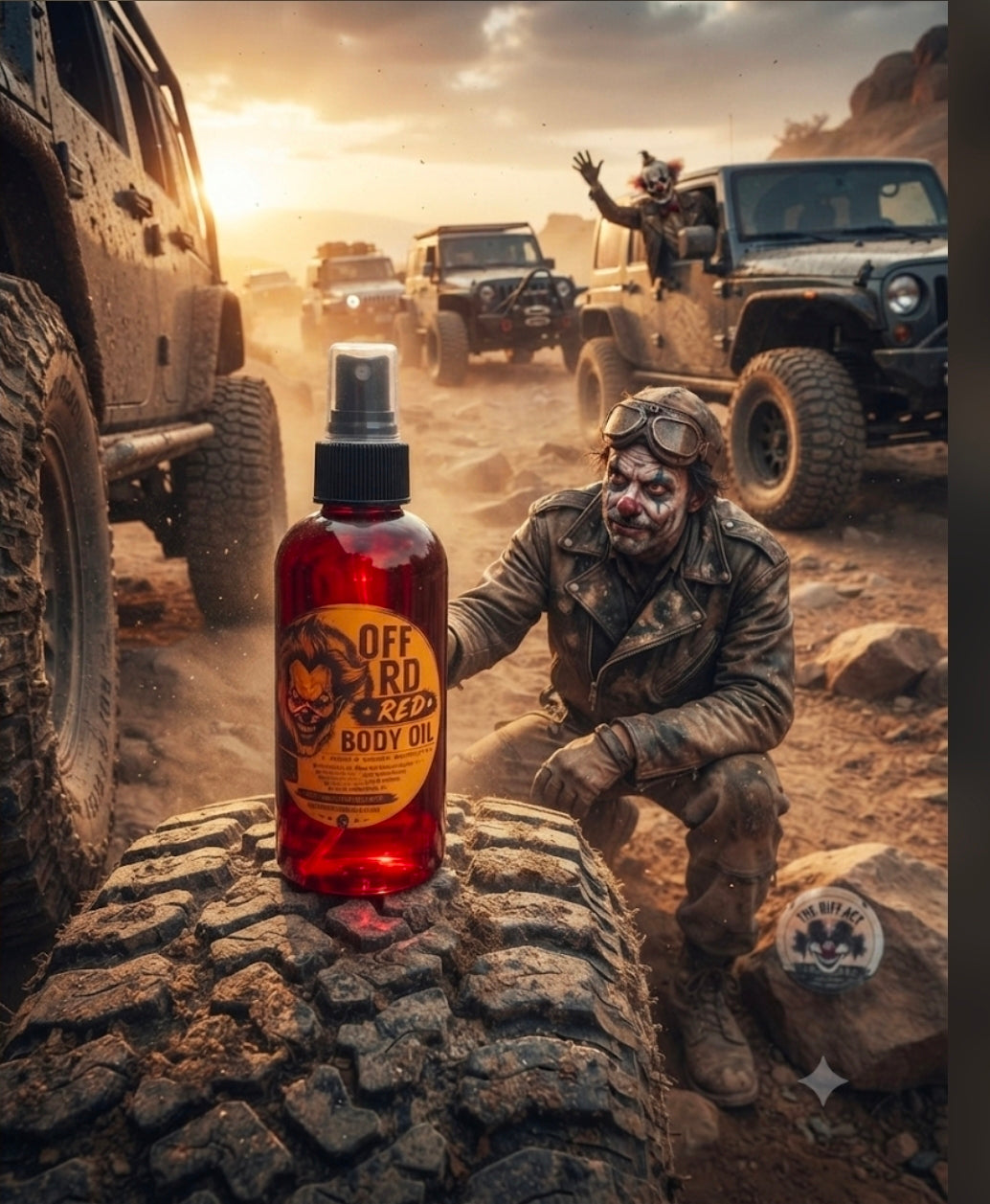The Riot Act Off-Road Red Body Oil Skin Oil in front of off-road vehicles, showcasing premium skincare in an adventurous setting.