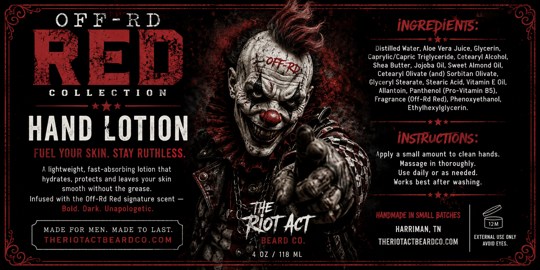 The Riot Act Off-Road Red Hand Lotion Heavy Duty packaging featuring ingredients and usage instructions.
