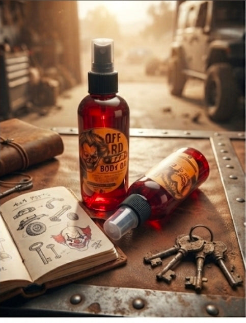 The Riot Act Off-Road Red Body Oil Skin Oil bottles on a wooden table next to a sketchbook and keys.