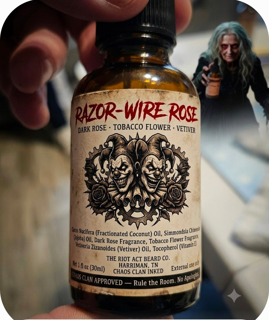 The riot act presents RAZOR-WIRE ROSE Premium Cologne Oil