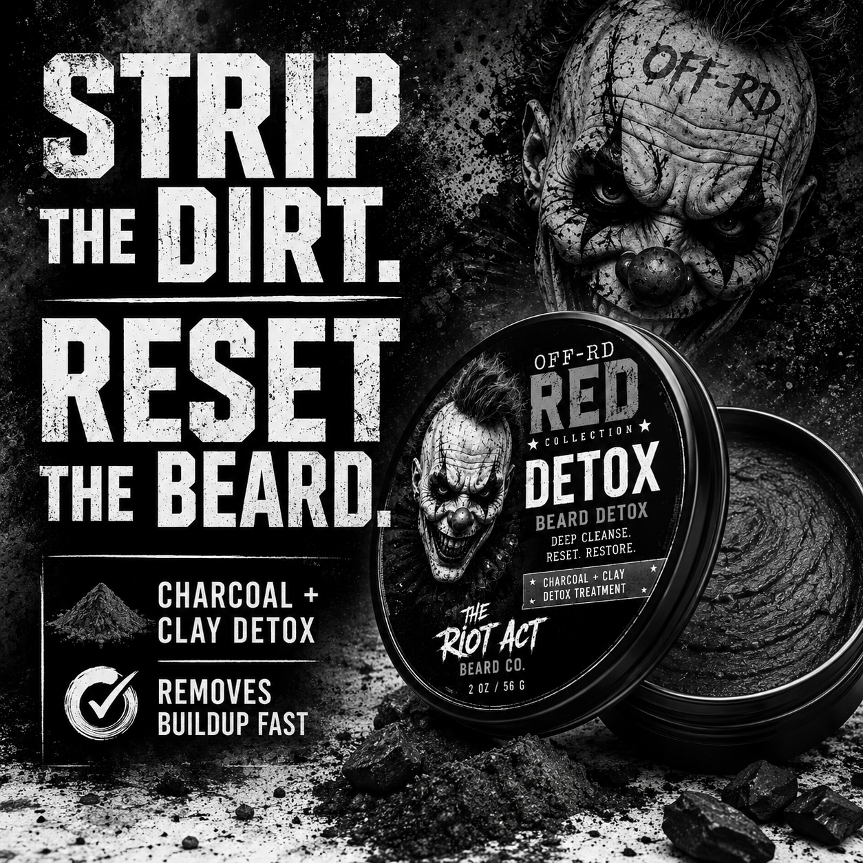 The Riot Act Off-Road Red Beard Detox charcoal and clay treatment for deep cleansing and buildup removal.