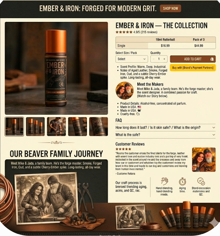 Ember & Iron Concentrated Oil Parfum 10ml XL displayed in a stylish rollerball bottle for premium fragrance.