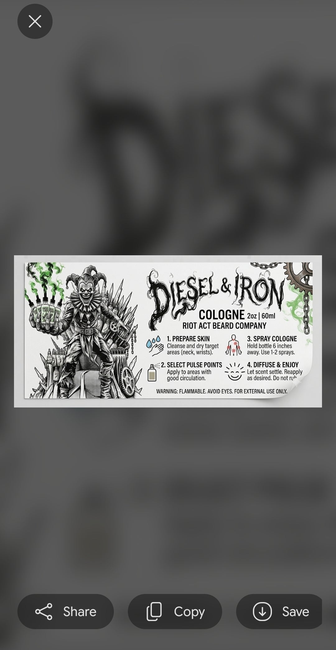 Diesel & Iron Cologne bottle label detail
